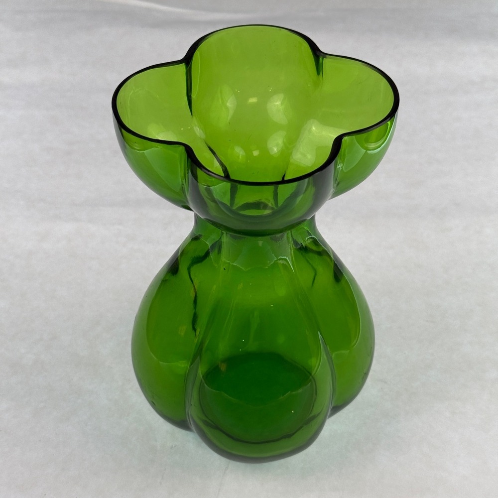 Vintage Emerald Green Art Glass Vase Four Lobed Rim Mid Century Modern
